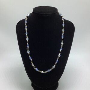 17" Blue Gold Clear Hematite Beaded Necklace Handmade